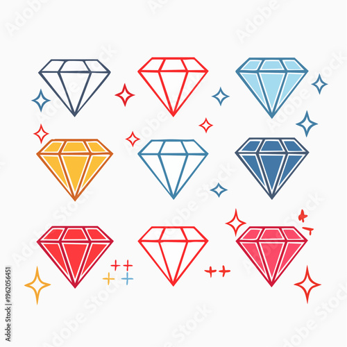 ダイヤモンドのバリエーション線画アイコンセット カットや輝きなどの様々な宝石デザイン