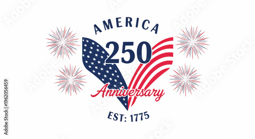 Patriotic illustration of US flag emblem with stars, stripes, fireworks, commemorating 250th anniversary, perfect for commemorative events, patriotic promotions, and historical celebrations.