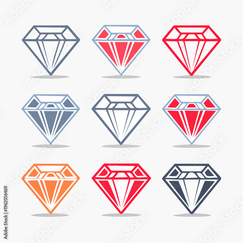ダイヤモンドのバリエーション線画アイコンセット カットや輝きなどの様々な宝石デザイン