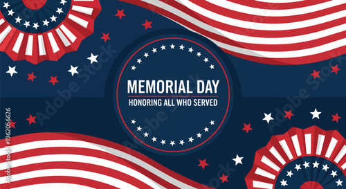 Patriotic Memorial Day illustration with red, white, and blue colors, with text 'Memorial Day', concept for national holiday promotions, commemorative event announcements, and patriotic designs.