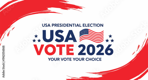 Red and blue USA flag illustration with stars, brush strokes and text, concept for political campaign, election promotion and voting awareness.