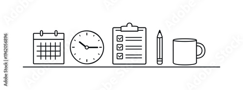Daily routine consistency and time blocking method for improving focus and maintaining balanced productivity throughout the day, calendar page, clock, checklist sheet, pencil, and