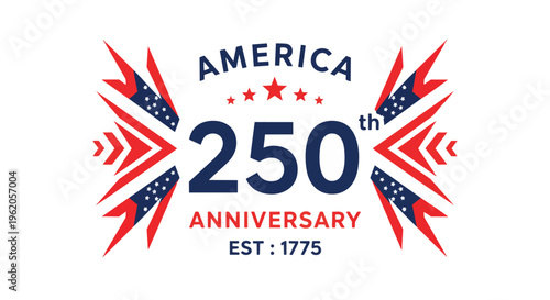 Stylized 250th Anniversary graphic in red, white and blue, with stars and stripes, suitable for patriotic celebrations, historical events, and promotional materials.