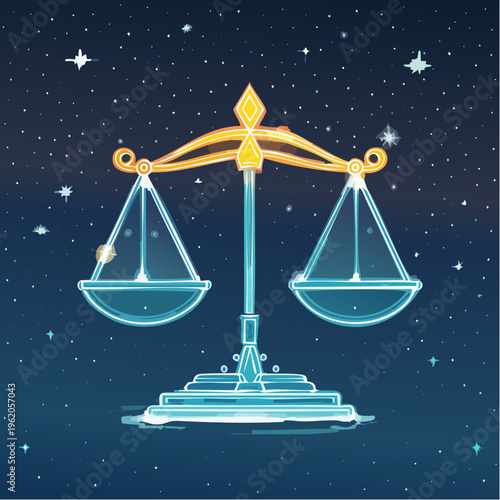 てんびん座のネオン星座ベクターアイコン 対称的な光る線と明るい星