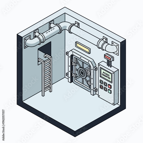 Isometric Vault Room Illustration with Ladder and Pipes.