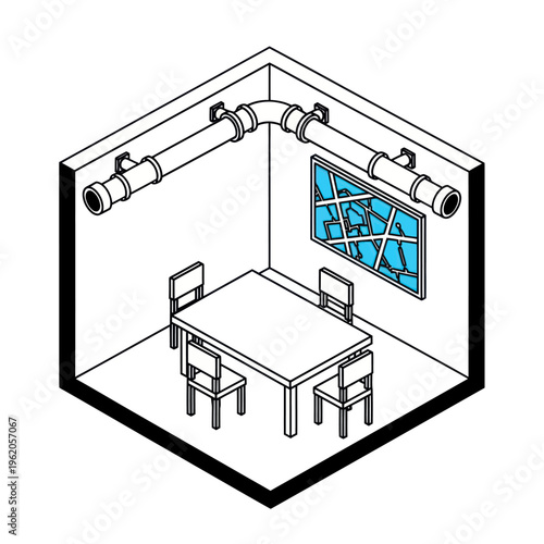 Isometric Room Illustration with Table, Chairs, Pipes, and Window.