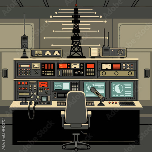 Radio Control Room with Tower and Electronic Equipment.
