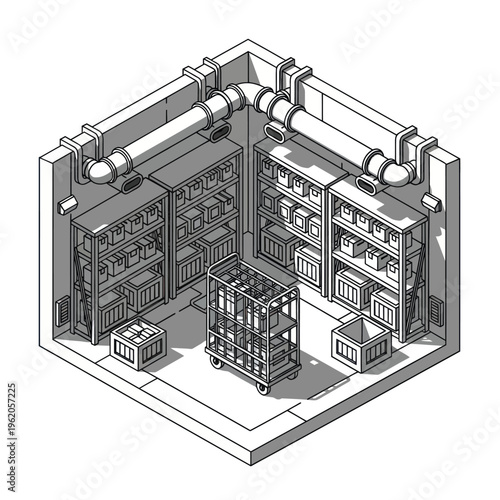 Isometric view of a storage room with shelves and a cart.