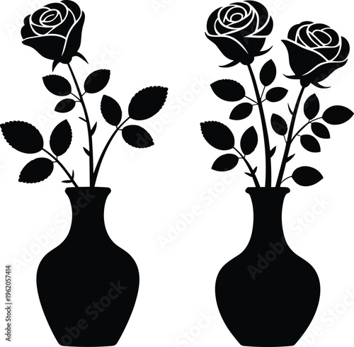 Black silhouettes of rose flowers in ceramic vases isolated on white background for interior decoration home lifestyle and romantic concepts