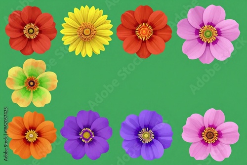 A bunch of colorful flowers on a green background