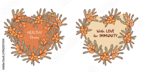 Sea Buckthorn Berry Heart Set. Healthy Organic Superfood Wreath with Healthy Quotes. Isolated Autumn Harvest Botanical Branch Frame with Orange Hippophae Berries with Leaves. Vector Illustration.