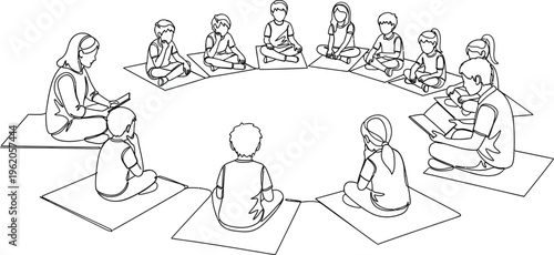 children sitting in a circle reading books