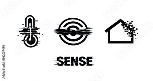 Digital environment sensing and IoT disruption concept  a set of three glitch-distorted monochrome symbols presented as isolated floating elements on a