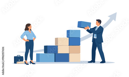 A business scalability and growth readiness scene showing an ambitious professional expanding operations beside a simple modular block structure and a minimal upward arrow element
