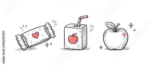 Simple snack bar theme  a horizontal row of 3 related hand-drawn objects on a white background, featuring a wrapped granola bar with a tiny red heart on the