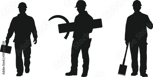 Collection of Professional Male Construction Worker Silhouettes Carrying Heavy Building Materials and Tools Isolated on White Background Vector Illustration Set