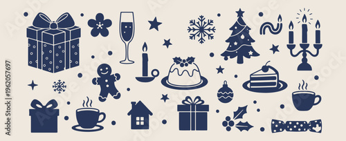 Merry Christmas celebration pattern, winter holiday season icons, festive xmas decoration elements, cozy winter home illustration, holiday cake and candle art, new year party symbols, traditional chri