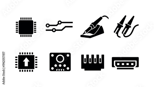 Embedded systems engineering: microcontroller chip pins, PCB trace pathway lines, soldering iron tip stand, logic analyzer probe clips, firmware upload arrow chip, sensor module