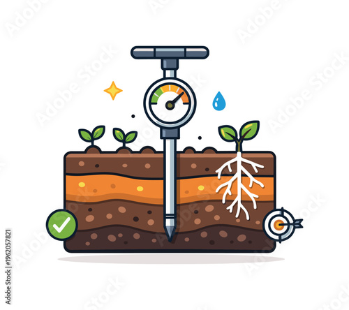 Soil penetrometer testing for measuring ground compaction in agricultural field analysis, a vertical probe inserted into a simple layered soil section with a small pressure gauge