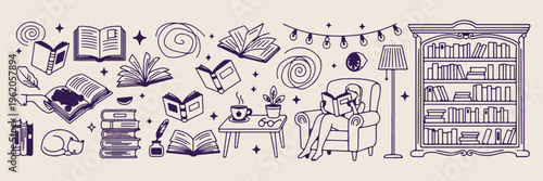 Reading book relaxation hobby, cozy home library lifestyle, weekend leisure activity, knowledge and education concept, peaceful indoor environment, book lover illustration, self care routine
