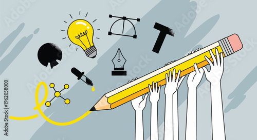 Cartoon pencil held by hands with design elements, vibrant illustration on light blue background, concept for graphic design, web development and creative projects.