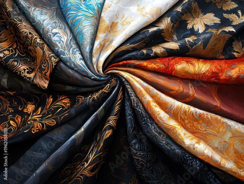 Swirling Collection of Luxurious Fabrics with Intricate Gold and Blue Patterns