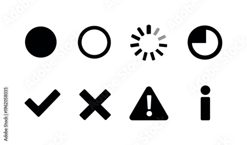 Interface status indicators: online status dot, offline status dot, loading spinner, progress circle, success checkmark, error cross, warning triangle, info icon