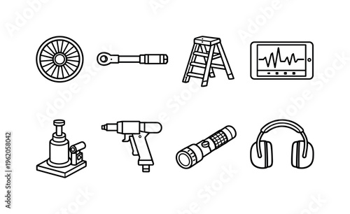 Aviation maintenance tools: aircraft turbine, torque wrench, maintenance ladder, diagnostic tablet, hydraulic jack, rivet gun, inspection flashlight, safety headset