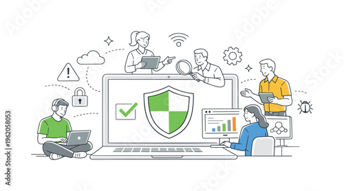A digital workspace security and device management scene showing IT teams monitoring endpoints and protecting systems together around a large laptop and a simple shield icon, using
