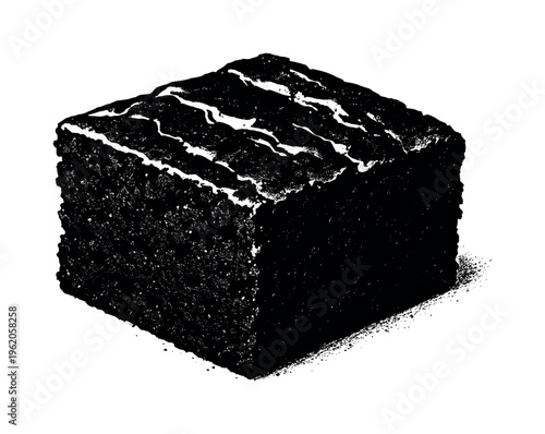 A realistic slice of layered chocolate brownie shown in three-quarter perspective, enlarged to fill most of the frame and isolated on a perfectly clean white