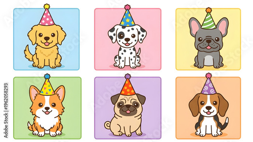 Kawaii Puppy Party Vector Set Cute Dog Breeds in Colorful Hats for Birthday Invitations and Nursery Sticker Design