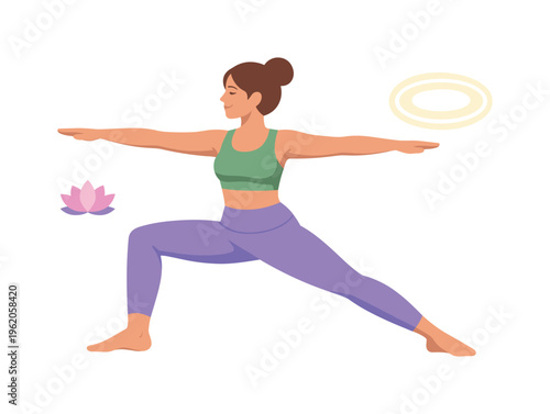 Flat editorial character illustration of a female yoga instructor in a warrior pose with a small lotus flower and a glowing aura ring floating beside her,