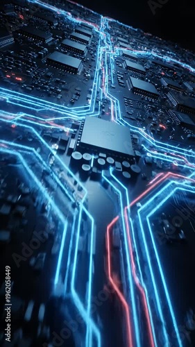 Futuristic Blue Neon Circuit Board Data Flow Animation Loop