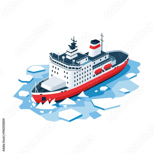 Icebreaker Ship Navigating Through Ice Floes in Arctic Waters.