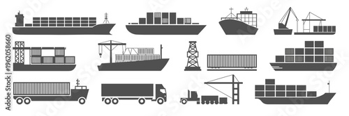 Logistics fleet and maritime freight vector icons – Suitable for commercial shipping ads, delivery tracking interfaces, or global distribution maps.