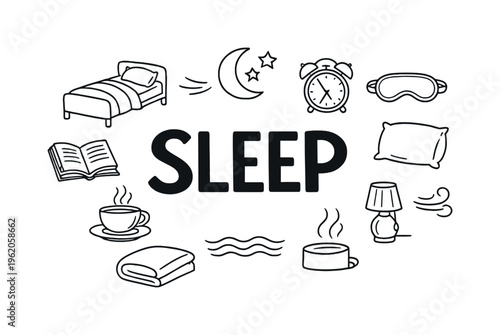 Healthy sleep habits and nighttime routine concept focused on rest, recovery, and maintaining energy through quality sleep patterns. SLEEP title with surrounding icons of bed