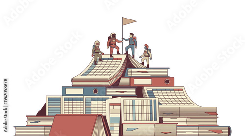 Astronaut team planting flag on mountain of documents concept of exploring big data and administration