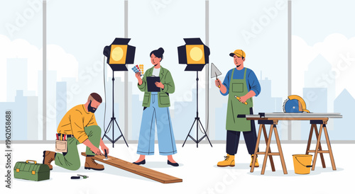 A professional interior design vector illustration featuring a team of designers and builders working on a renovation project with studio lights