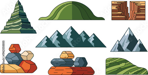 Stylized mountain landscapes and rock formations collection with hills, cliffs and terrain elements in flat cartoon vector illustration set