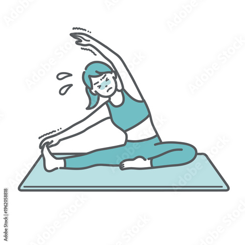 体が硬い女性のストレッチイラスト（座位、前屈、苦痛、運動不足）