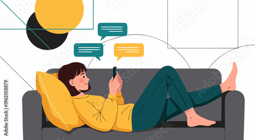 Vector Illustration of a Woman Relaxing on a Sofa While Texting on Her Smartphone, Casual Communication Concept