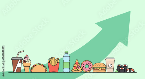 A vector illustration of an upward trend in unhealthy food consumption, depicting a variety of fast food items and sweets