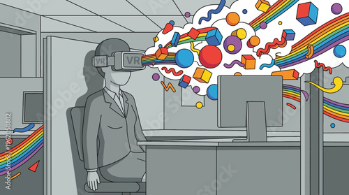 Businesswoman wearing virtual reality headset experiencing colorful metaverse geometric abstract world