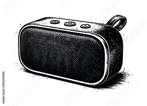 A realistic compact wireless speaker shown in three-quarter perspective, enlarged to fill most of the canvas and isolated on a clean white background, its