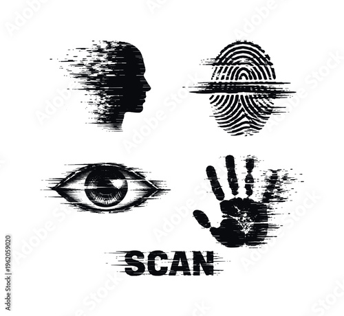 Theme: biometric recognition and human-machine interface  a set of 4 glitch-distorted monochrome objects arranged on a perfectly clean white background, each