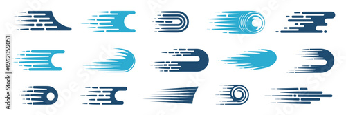Blue fluid motion trails and velocity vector icons - Ideal for transition effects, speed concepts, or digital animation.