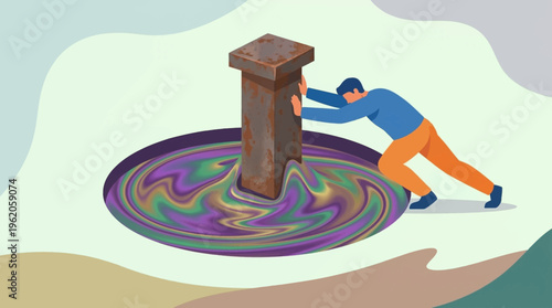 Businessman pushing heavy pillar into surreal colorful liquid vortex concept of disruptive transformation