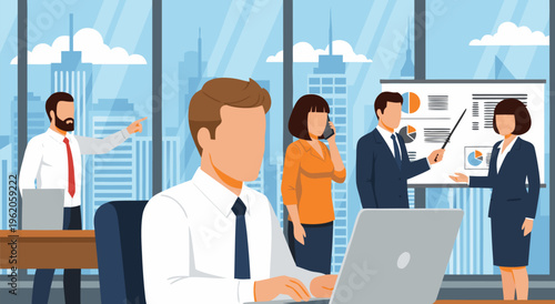 Business meeting and presentation vector illustration in a modern office with people collaborating and discussing strategy