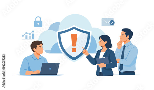 Cybersecurity threat alert and data protection awareness in a connected business system, represented by a shield with an exclamation mark paired with a simple cloud symbol