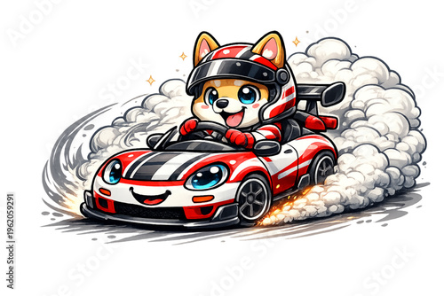 shiba inu racing, cute dog racer, shiba inu car illustration, kawaii racing dog, playful pet design, fast dog concept, adorable animal character, chibi shiba inu, racing helmet optional, speedy motion